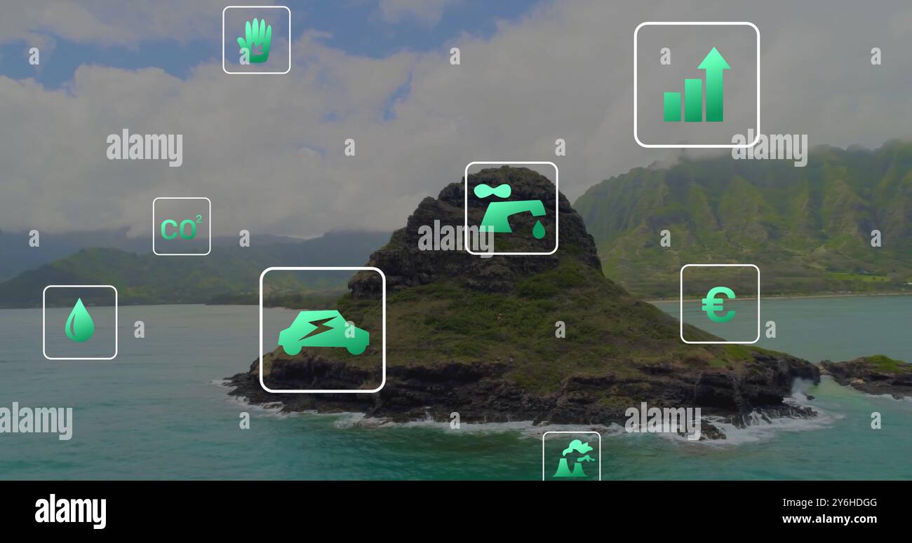 Immagine di icone ecologiche sul paesaggio del lago Foto Stock