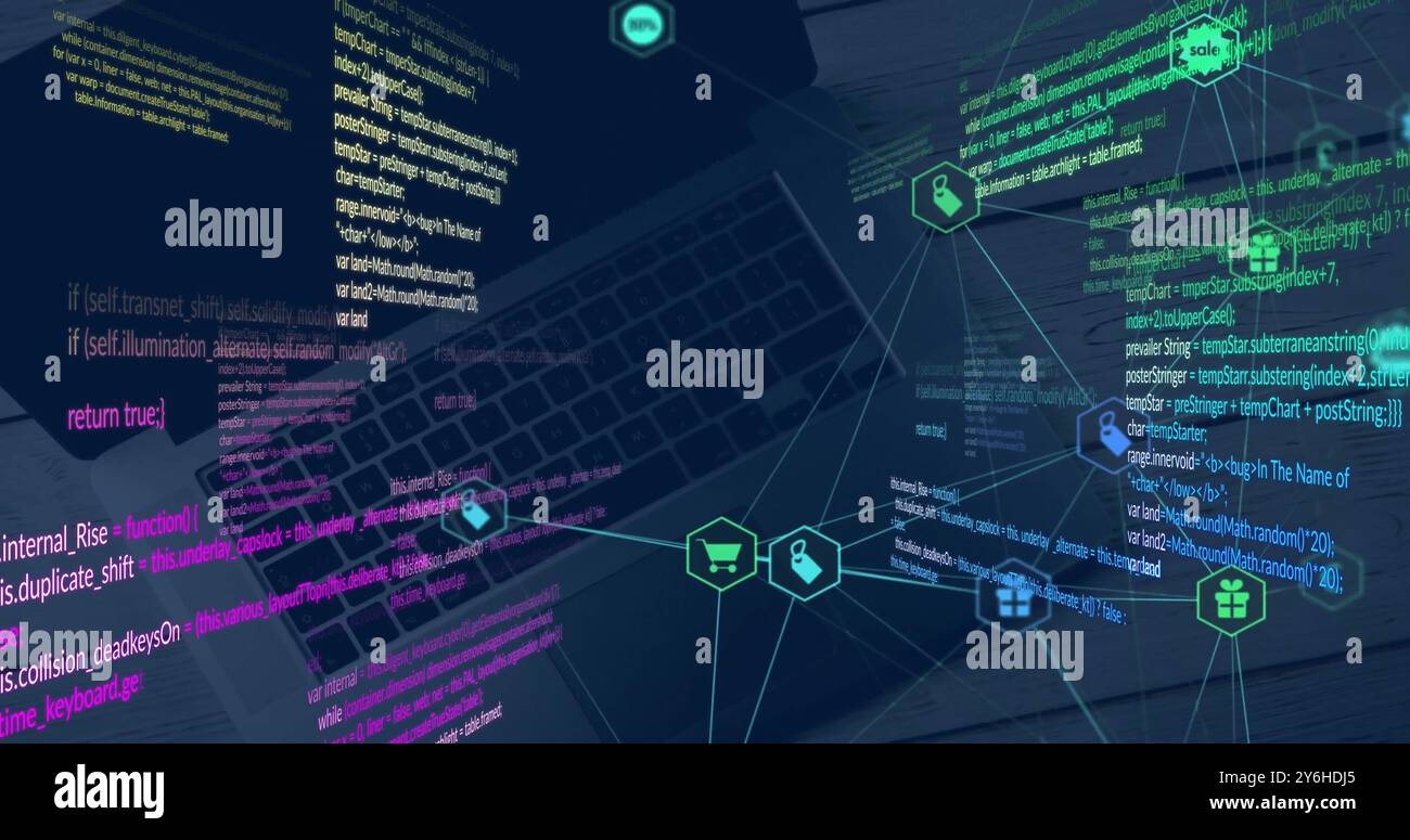 Immagine dell'elaborazione dei dati su una rete di icone commerciali del settore retail su sfondo nero Foto Stock