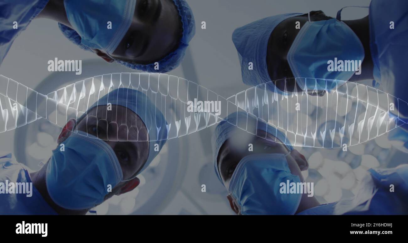 Immagine del filamento di dna che gira su diversi suergeons Foto Stock