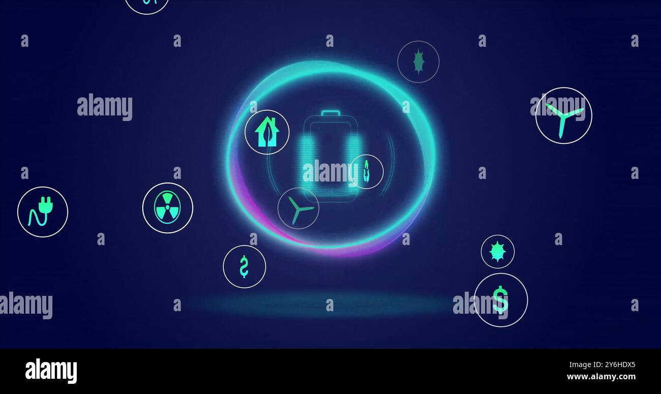Icona della batteria circondata da vari simboli relativi all'energia, immagine futuristica Foto Stock