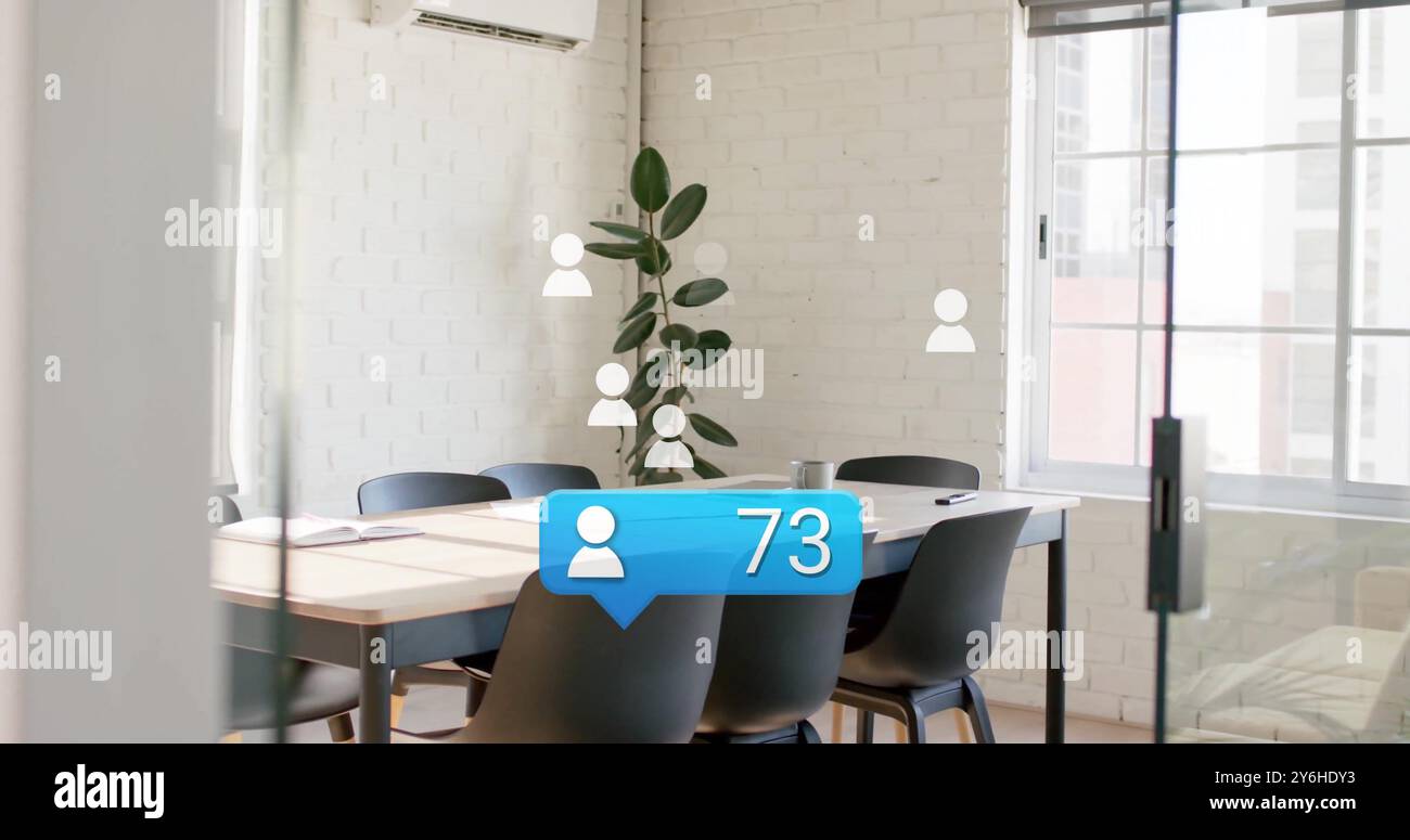 I follower dei social media contano l'immagine su un ufficio moderno vuoto con pianta e sedie Foto Stock