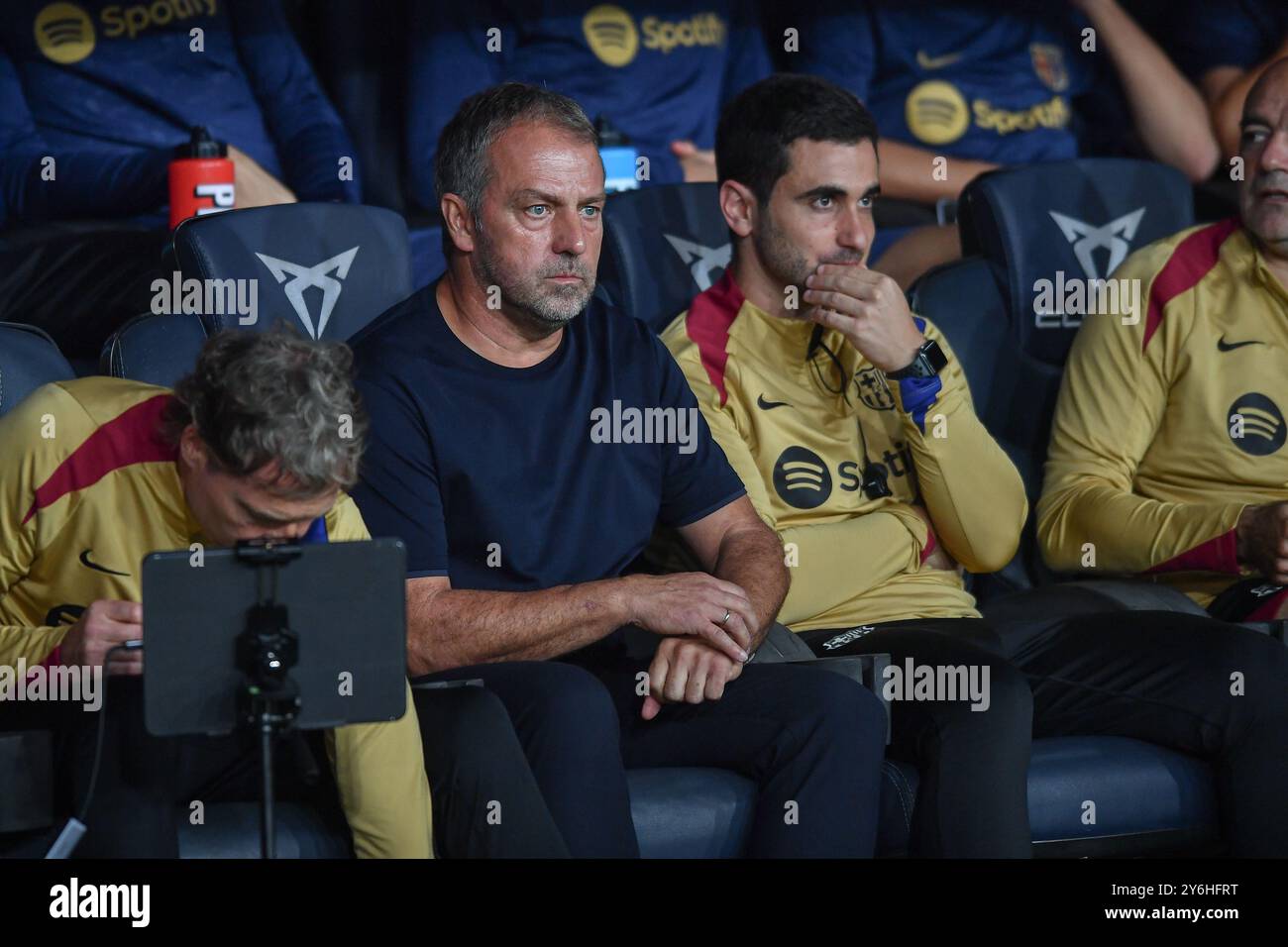 Barcellona, ESP. 25 settembre 2024. FC BARCELONA VS GETAFE CF. 25 settembre 2024 Hansi Flick allenatore del FC Barcelona la partita tra FC Barcelona e Getafe CF corrispondente al settimo giorno della Liga EA Sports allo Stadio Olimpico Lluis Companys di Montjuic a Barcellona, Spagna. Crediti: Rosdemora/Alamy Live News Foto Stock
