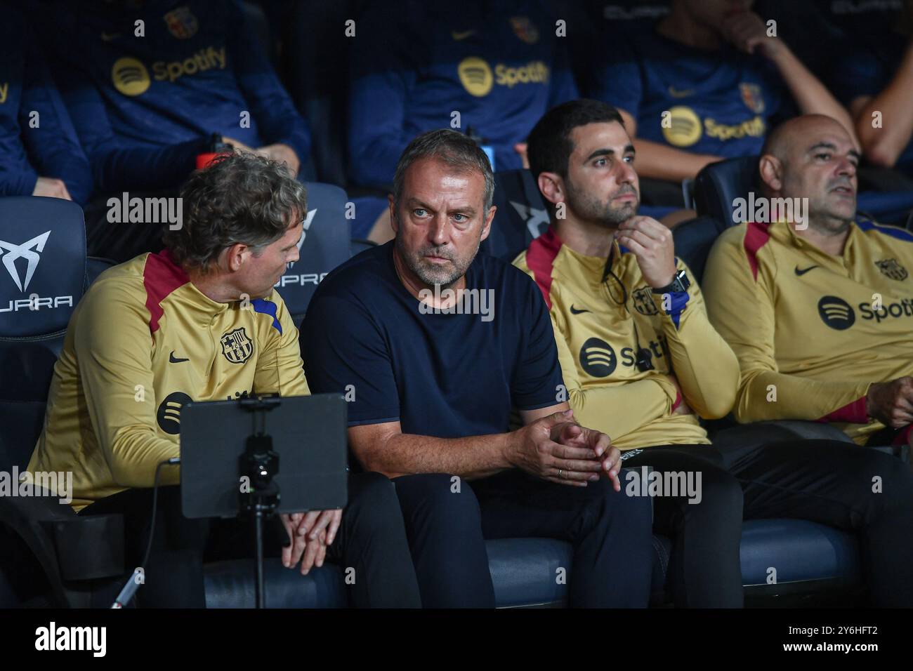 Barcellona, ESP. 25 settembre 2024. FC BARCELONA VS GETAFE CF. 25 settembre 2024 Hansi Flick allenatore del FC Barcelona la partita tra FC Barcelona e Getafe CF corrispondente al settimo giorno della Liga EA Sports allo Stadio Olimpico Lluis Companys di Montjuic a Barcellona, Spagna. Crediti: Rosdemora/Alamy Live News Foto Stock