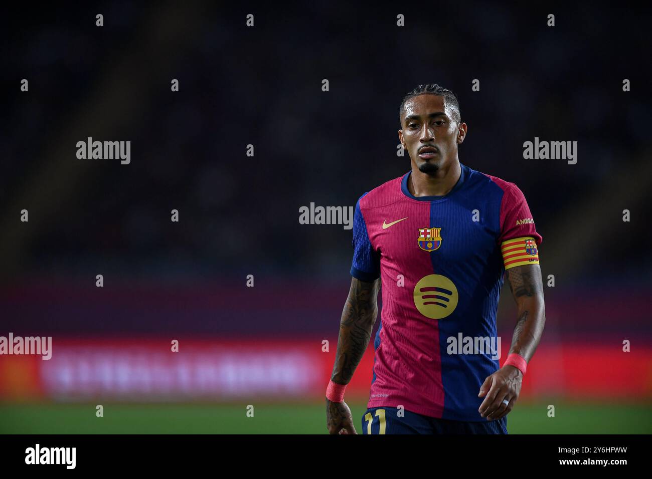 Barcellona, ESP. 25 settembre 2024. FC BARCELONA VS GETAFE CF. 25 settembre 2024 Raphina (11) del FC Barcelona durante la partita tra FC Barcelona e Getafe CF corrispondente alla settima giornata di la Liga EA Sports allo Stadio Olimpico Lluis Companys di Montjuic a Barcellona, Spagna. Crediti: Rosdemora/Alamy Live News Foto Stock