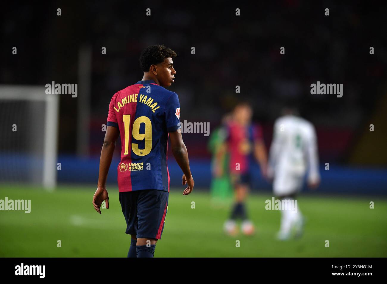 Barcellona, ESP. 25 settembre 2024. FC BARCELONA VS GETAFE CF. 25 settembre 2024 Lamine Yamal (19) del FC Barcelona durante la partita tra FC Barcelona e Getafe CF corrispondente al settimo giorno della Liga EA Sports allo Stadio Olimpico Lluis Companys di Montjuic a Barcellona, Spagna. Crediti: Rosdemora/Alamy Live News Foto Stock