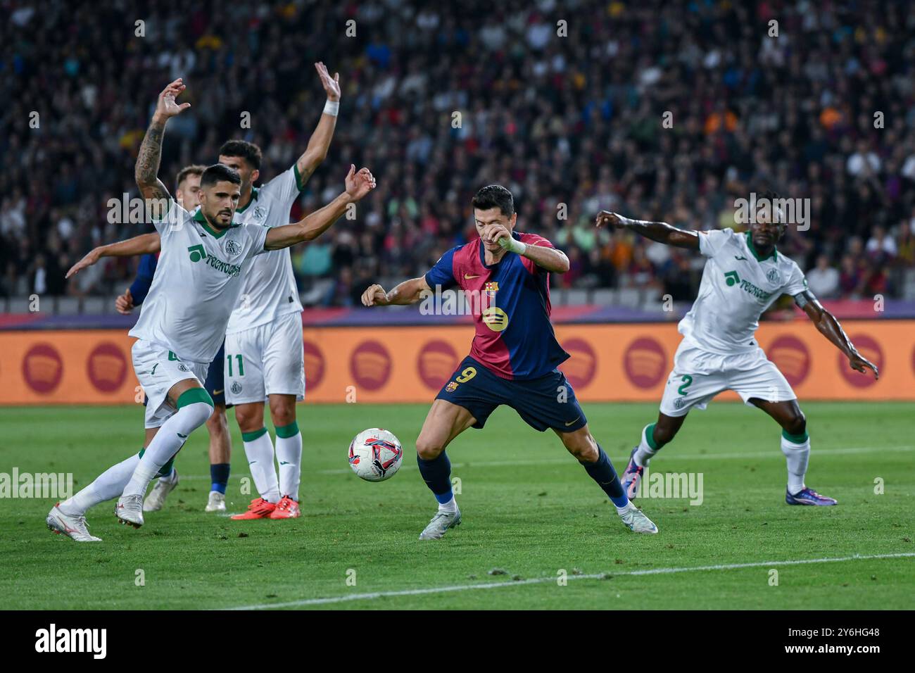 Barcellona, ESP. 25 settembre 2024. FC BARCELONA VS GETAFE CF. 25 settembre 2024 Robert Lewandowski (9) del FC Barcelona durante la partita tra FC Barcelona e Getafe CF corrispondente alla settima giornata di la Liga EA Sports allo Stadio Olimpico Lluis Companys di Montjuic a Barcellona, Spagna. Crediti: Rosdemora/Alamy Live News Foto Stock