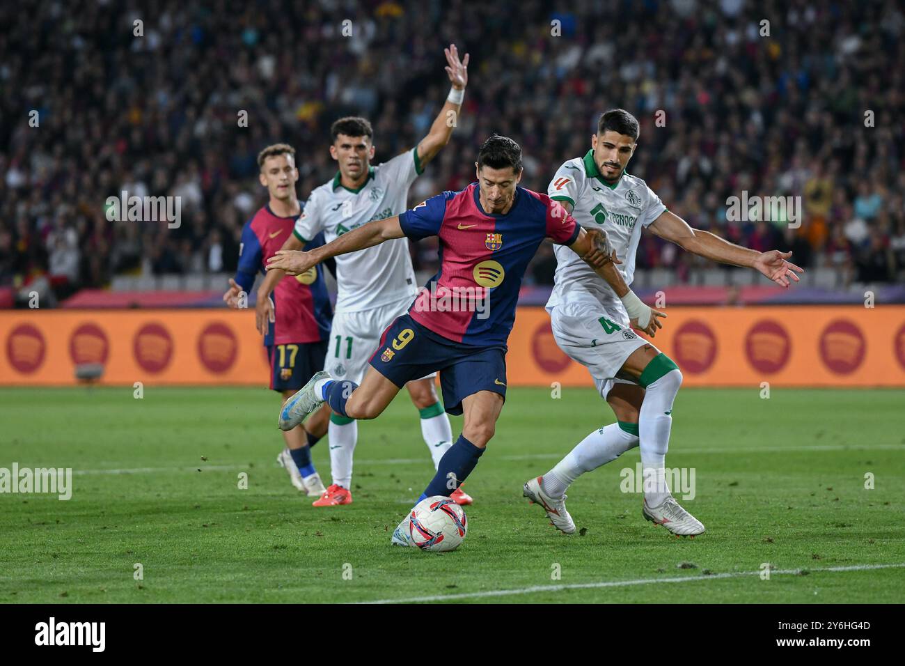 Barcellona, ESP. 25 settembre 2024. FC BARCELONA VS GETAFE CF. 25 settembre 2024 Robert Lewandowski (9) del FC Barcelona durante la partita tra FC Barcelona e Getafe CF corrispondente alla settima giornata di la Liga EA Sports allo Stadio Olimpico Lluis Companys di Montjuic a Barcellona, Spagna. Crediti: Rosdemora/Alamy Live News Foto Stock
