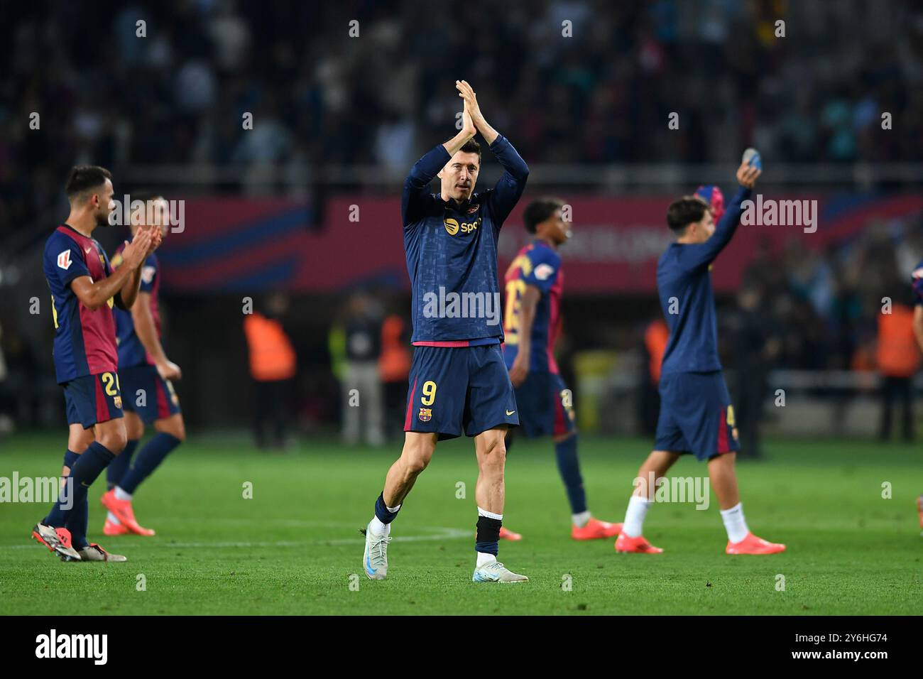 Barcellona, ESP. 25 settembre 2024. FC BARCELONA VS GETAFE CF. 25 settembre 2024 Robert Lewandowski (9) del FC Barcelona al termine della partita tra FC Barcelona e Getafe CF corrispondente al settimo giorno della Liga EA Sports allo Stadio Olimpico Lluis Companys di Montjuic a Barcellona, Spagna. Crediti: Rosdemora/Alamy Live News Foto Stock