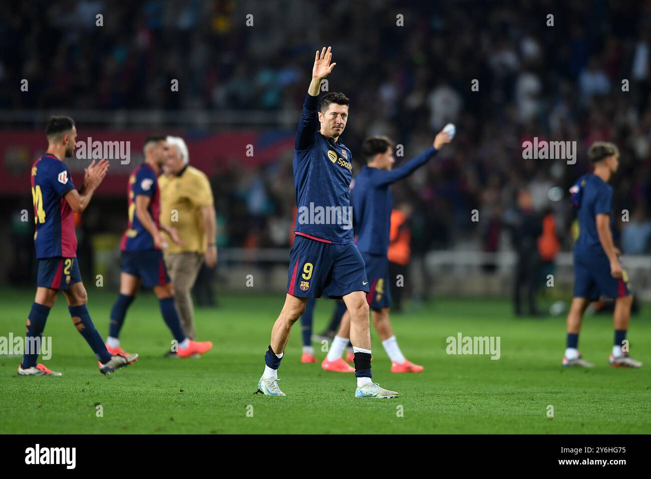 Barcellona, ESP. 25 settembre 2024. FC BARCELONA VS GETAFE CF. 25 settembre 2024 Robert Lewandowski (9) del FC Barcelona al termine della partita tra FC Barcelona e Getafe CF corrispondente al settimo giorno della Liga EA Sports allo Stadio Olimpico Lluis Companys di Montjuic a Barcellona, Spagna. Crediti: Rosdemora/Alamy Live News Foto Stock