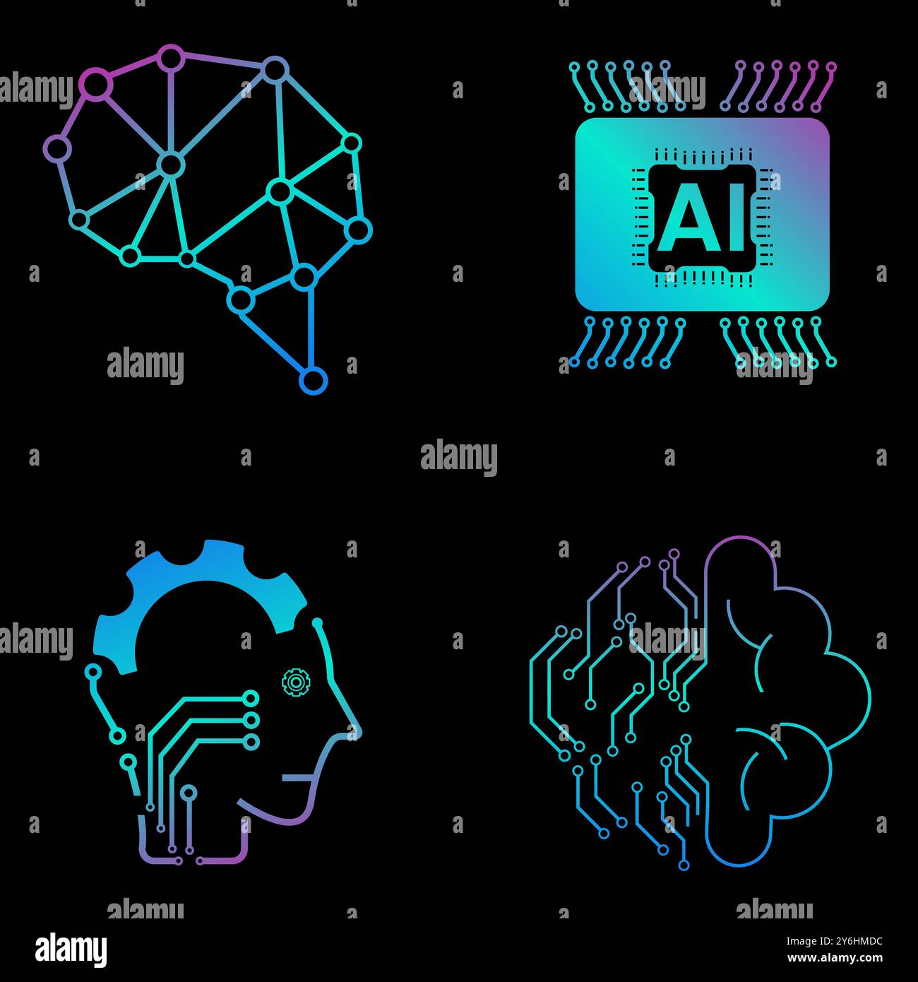 SET di quattro icone di tecnologia vettoriale, concetto di vettore IA, 4 icone di simboli illustrativi di generazione IA, icone ai impostate per l'intelligenza artificiale al buio Illustrazione Vettoriale