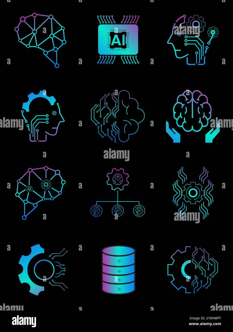 12 set di icone ai-intelligenza artificiale.12 concetto di simboli della tecnologia Data Science Illustrazione Vettoriale