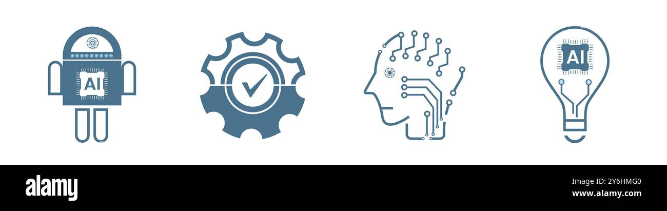 Set di 4 icone IA, simboli. Gruppi di icone di linea di intelligenza artificiale concetti tecnologici, cibernetica, ai, vettore tecnologico, illustrazione Illustrazione Vettoriale