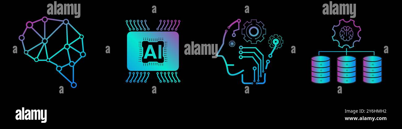 Quattro icone ai-intelligenza artificiale. 4 concetto di simboli della tecnologia Data Science Illustrazione Vettoriale