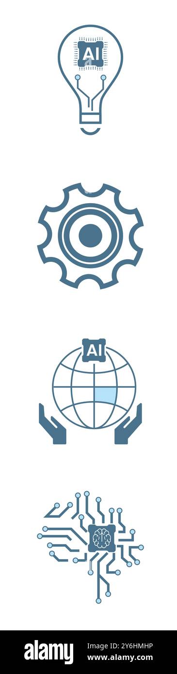 Gruppi di 4 icone di linea di intelligenza artificiale, 4 ai per i concetti dei simboli tecnologici e QUATTRO icone cibernetiche, ai, vettore tecnologico, illustrazione c Illustrazione Vettoriale