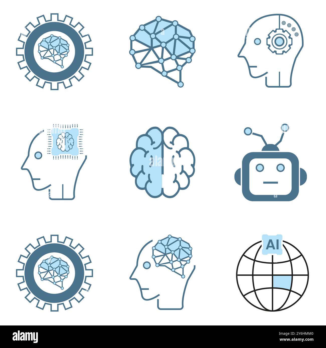 Gruppo di nove icone ai, simboli. Set di stile di intelligenza artificiale, cibernetico, ai, testa, vettore tecnologico Illustrazione Vettoriale