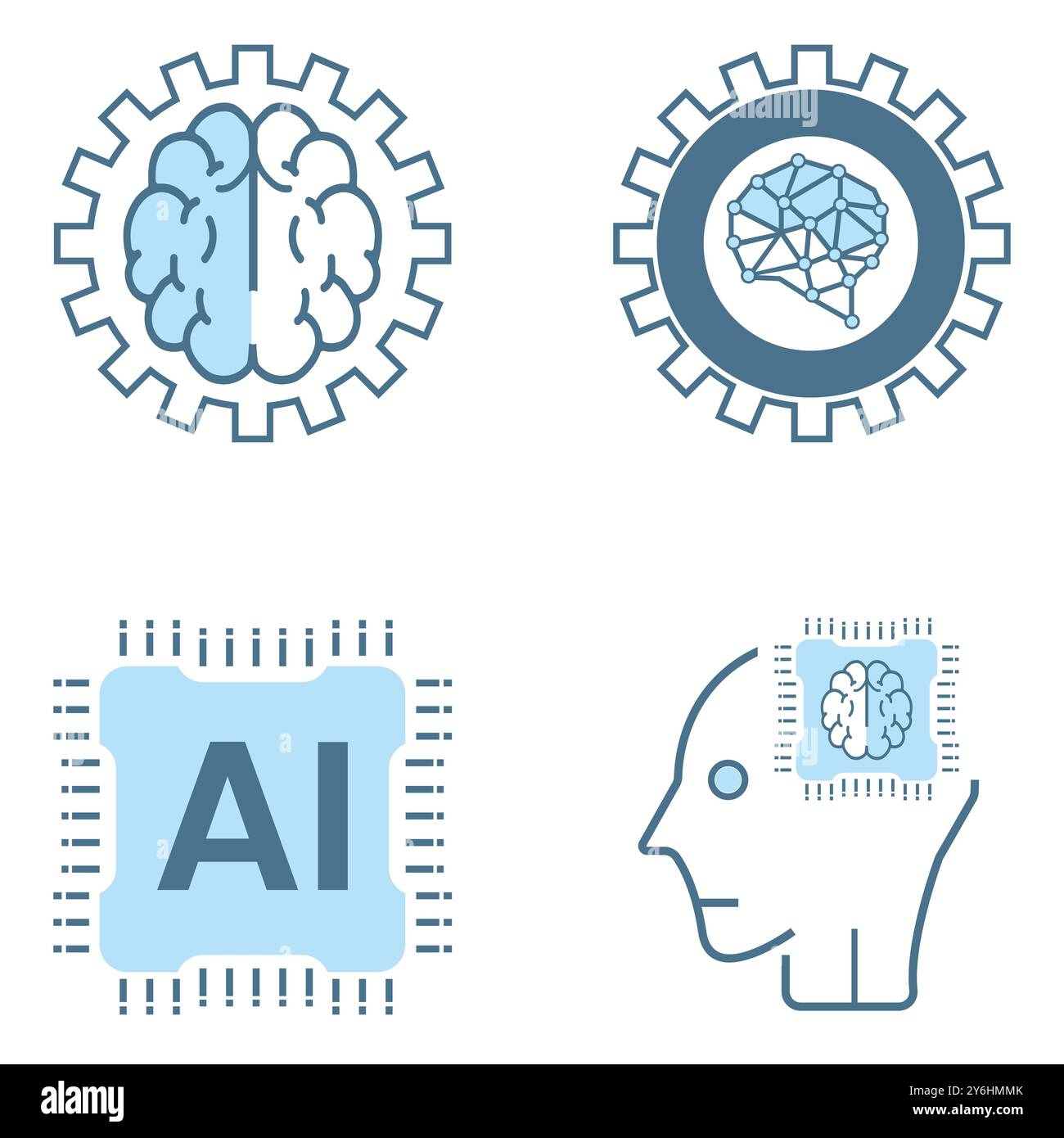 Set di 4 icone IA, simboli. Set di quattro simboli allineati di intelligenza artificiale blu, cibernetico, ai, testa, vettore tecnologico, design dell'illustrazione Illustrazione Vettoriale