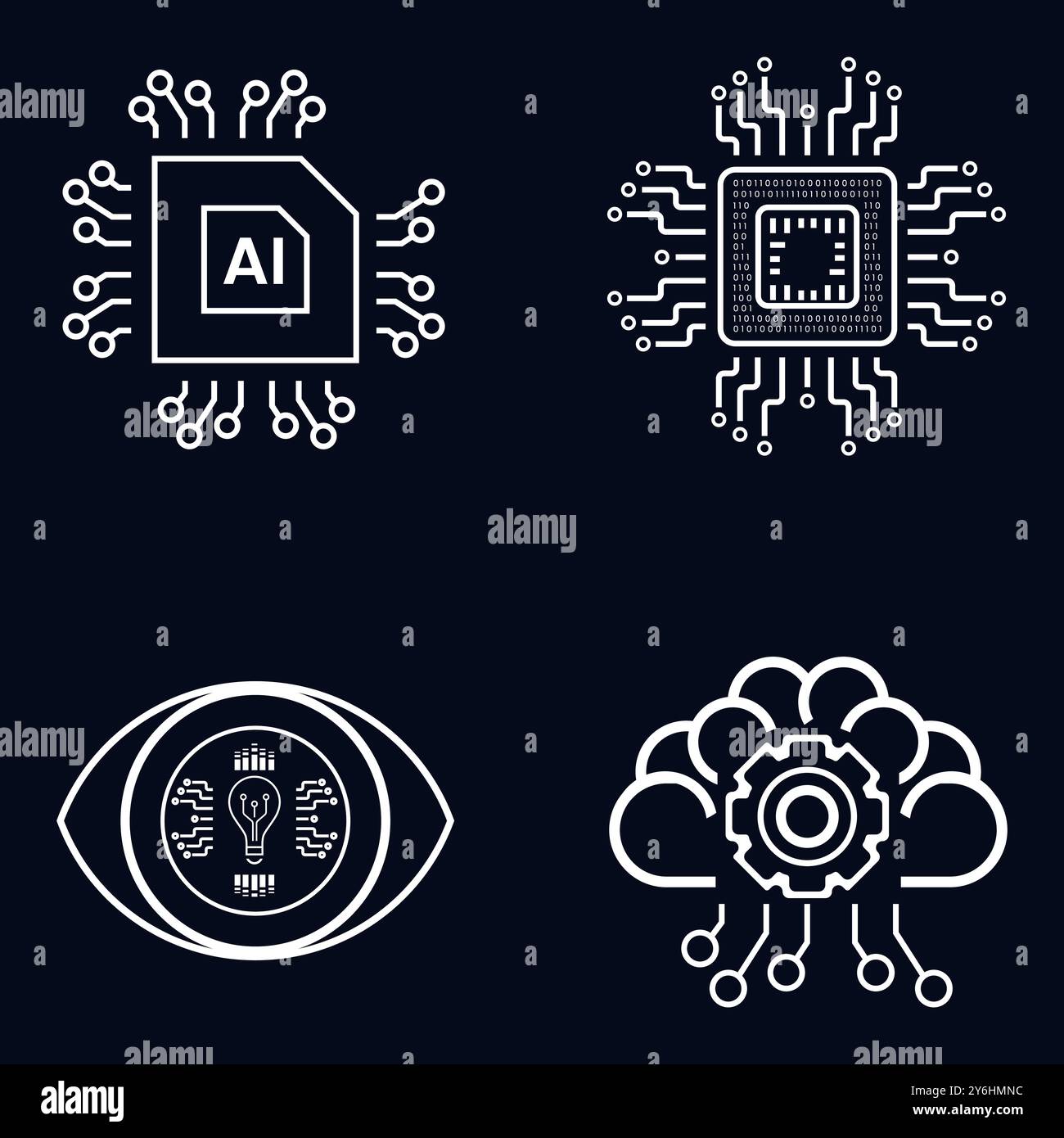 Set di 4 icone, simboli per il vettore del concetto di intelligenza artificiale, design dell'illustrazione. Quattro icone intelligenti artificiali su sfondo scuro Illustrazione Vettoriale