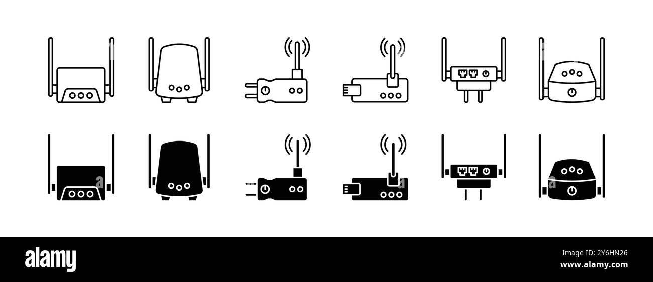 Set di icone dei dispositivi del router wireless e dell'access point con contorno e variazione del campo Illustrazione Vettoriale