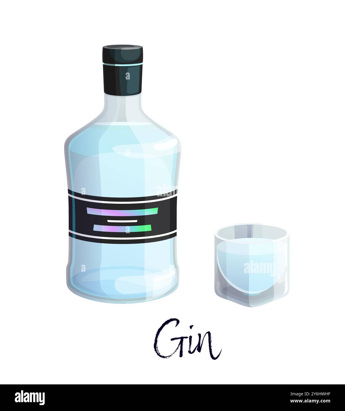 Bottiglia di gin alcolico e un bicchiere per il menu del bar. Cartoon Vector trasparente ed elegantemente etichettato, bottiglia con un bicchiere corto nelle vicinanze, riempita con liquido limpido, promettendo un'esperienza rinfrescante e aromatica Illustrazione Vettoriale