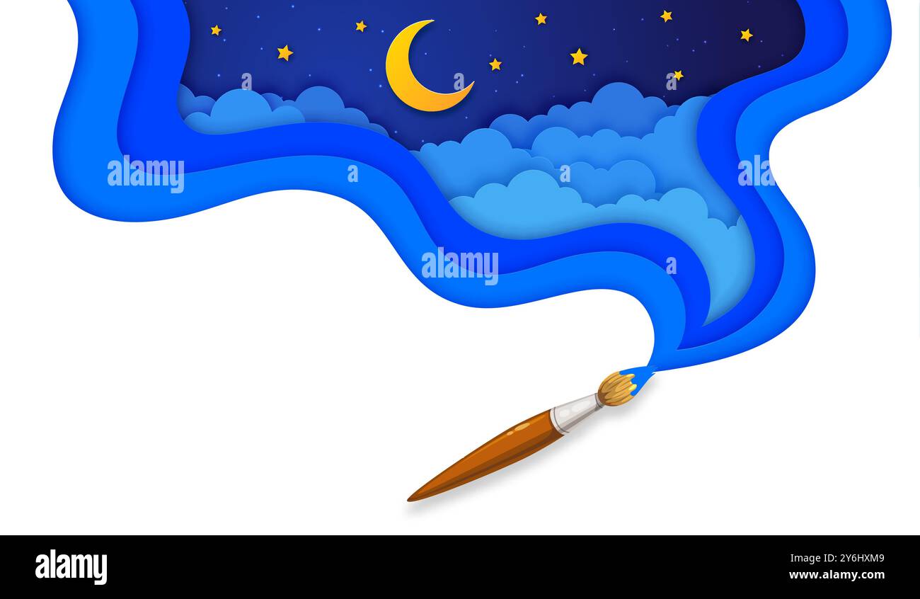 Carta tagliata cielo notturno con pennello, luna e stelle nelle nuvole, sfondo vettoriale dei cartoni animati. Sogno magico o sonno e dormite e dormite sullo sfondo fiabesco con nuvole tagliate in carta e cielo stellato dipinto con pennello Illustrazione Vettoriale