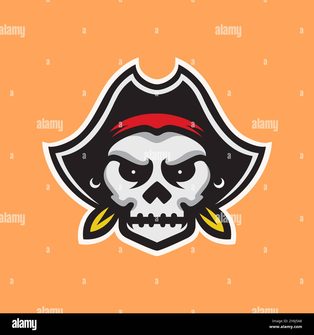 vettore di design del logo della mascotte dei cartoni animati della testa del cranio dei pirati Illustrazione Vettoriale
