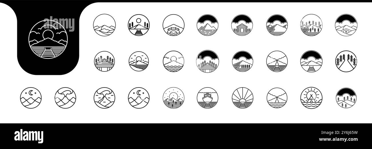 design vettoriale con icone della collezione outdoor adventure line set Illustrazione Vettoriale