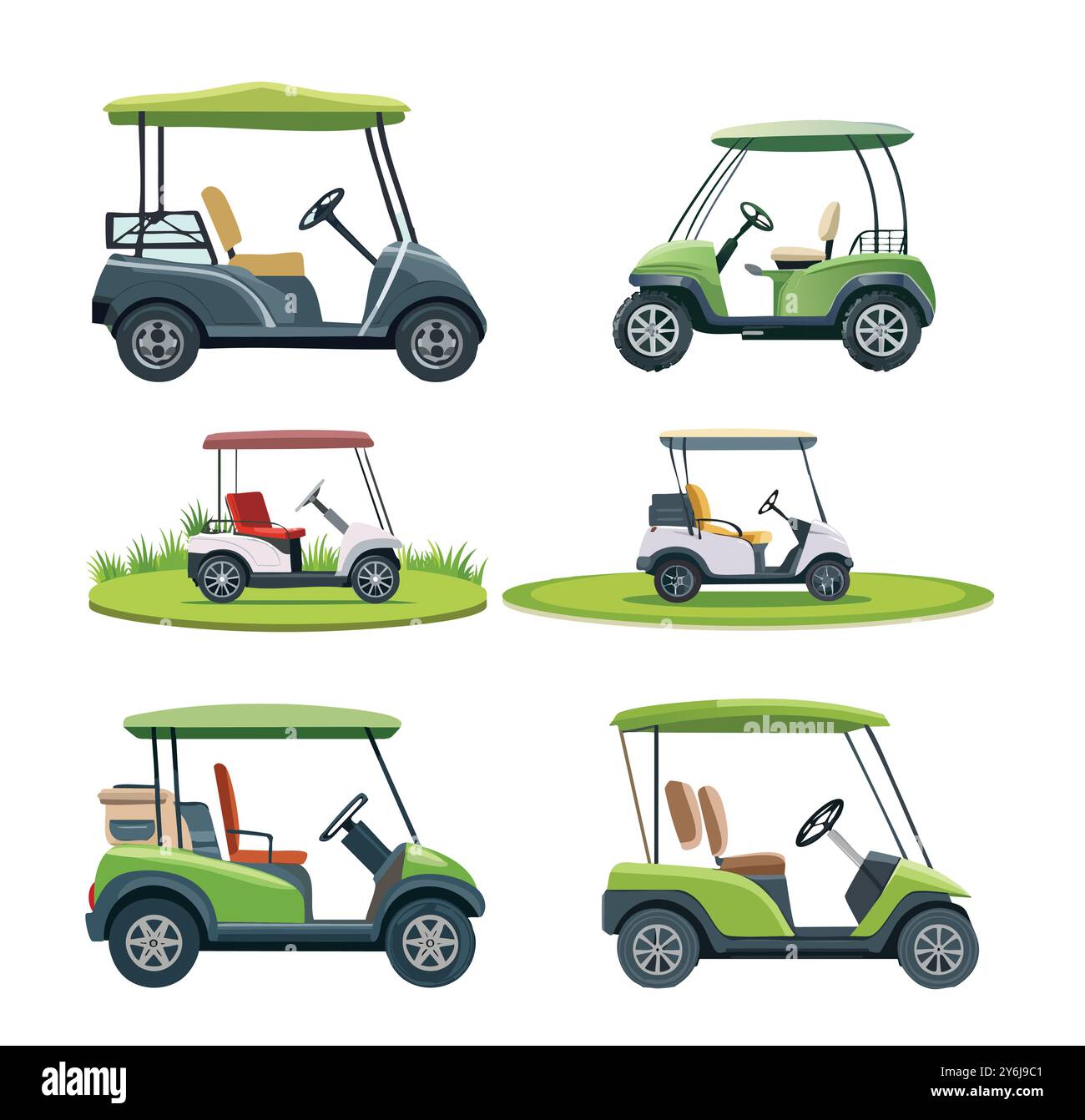 Veicolo da golf cart utilizzato per il trasporto e il tempo libero su un campo verde, guidato da un motore elettrico per lo sport e il relax - illustrazione vettoriale Illustrazione Vettoriale