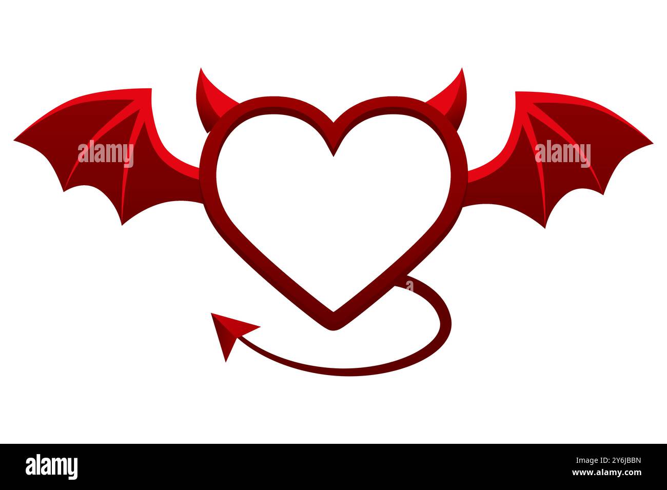 Cornice cuore rosso diavolo isolata su sfondo bianco. Cuore con ali di coda e corna. Design piatto, illustrazione vettoriale per i tuoi progetti, biglietti d'auguri Illustrazione Vettoriale