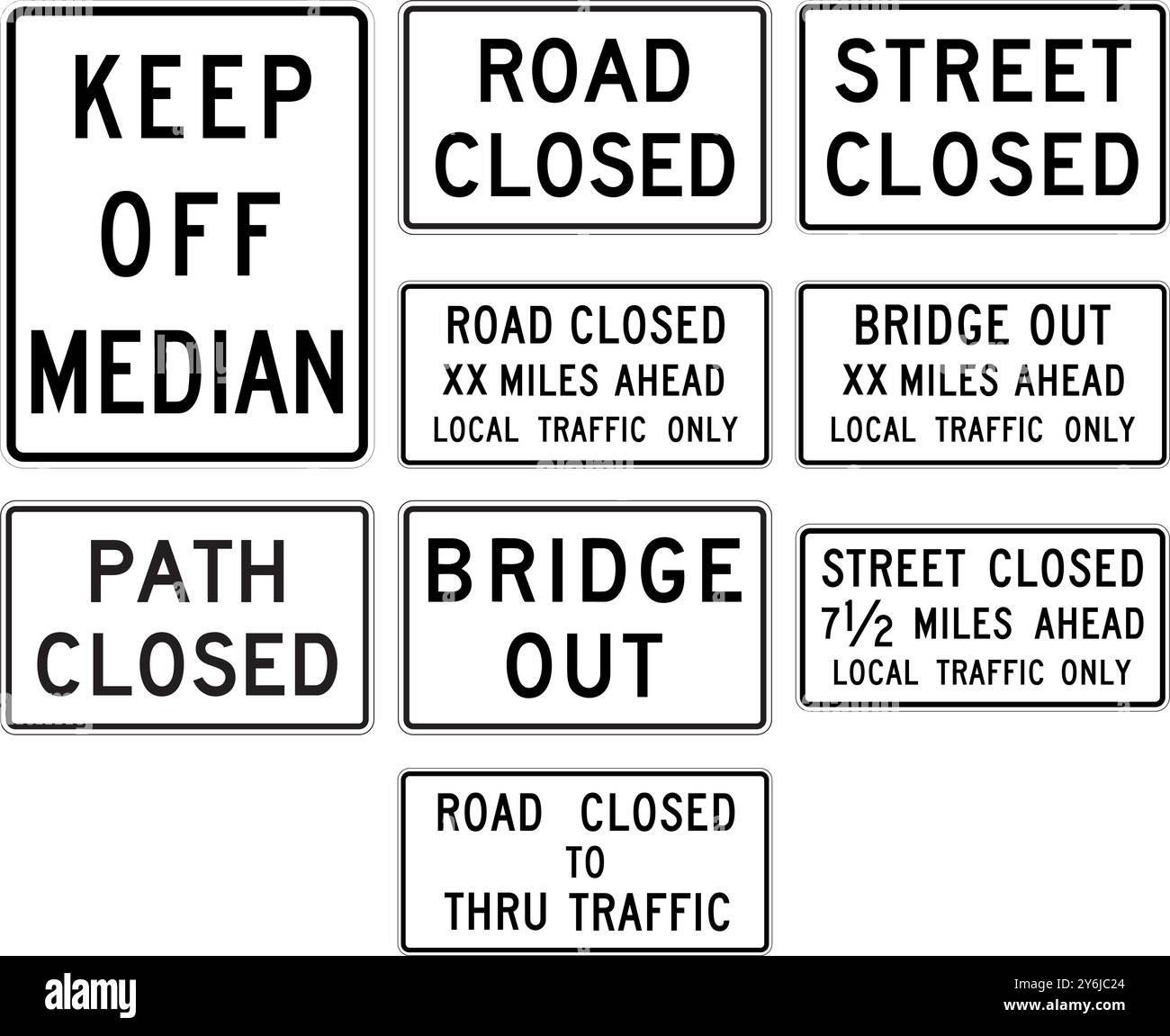 Vari cartelli per la chiusura di strade e strade: Tenere lontano la mediana, la strada chiusa, la strada chiusa, il ponte fuori, il sentiero chiuso, solo traffico locale davanti. Cartelli stradali in t Illustrazione Vettoriale