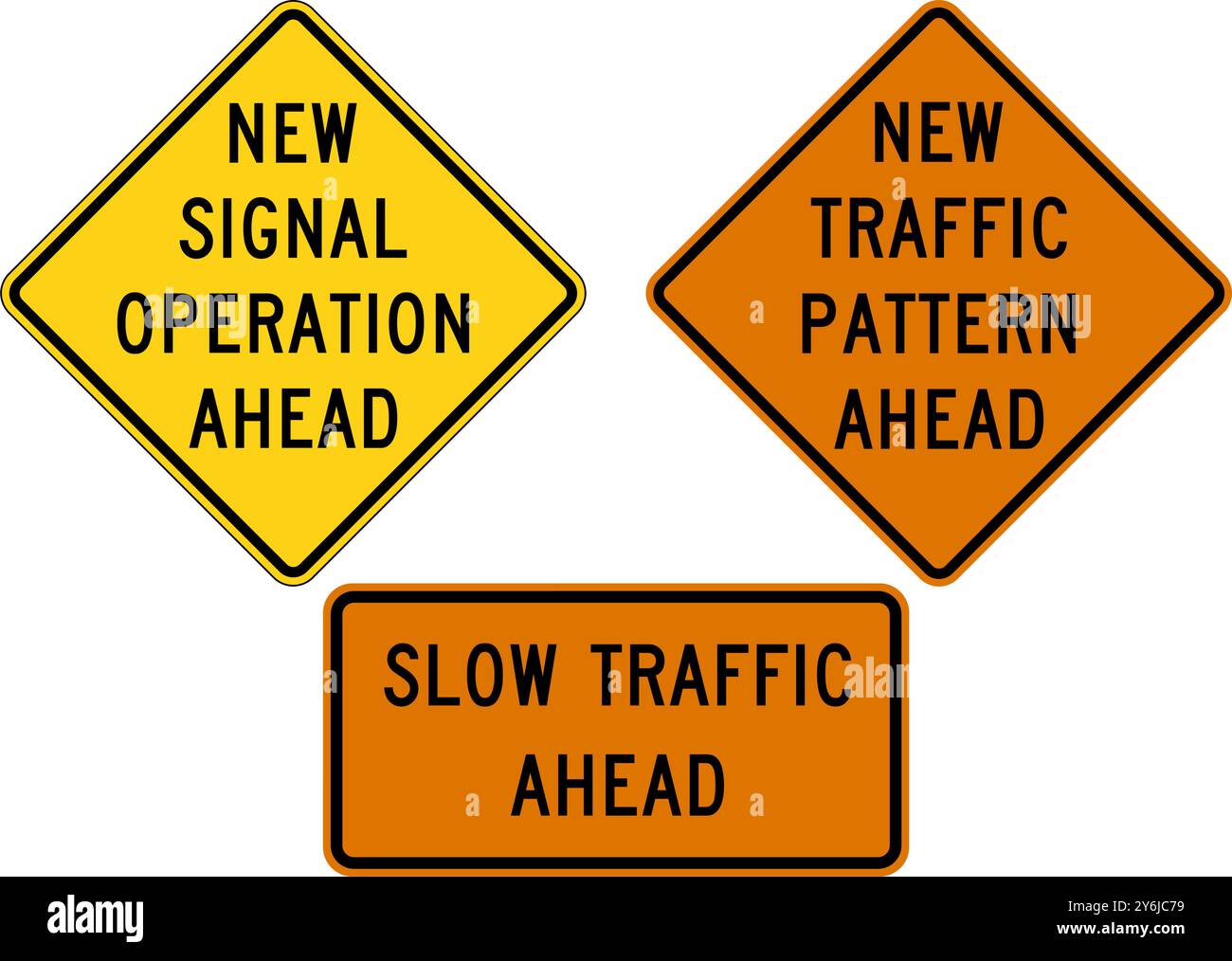 Traffico lento. Nuova operazione segnale avanti. Indicazioni stradali per gli Stati Uniti. Illustrazione Vettoriale