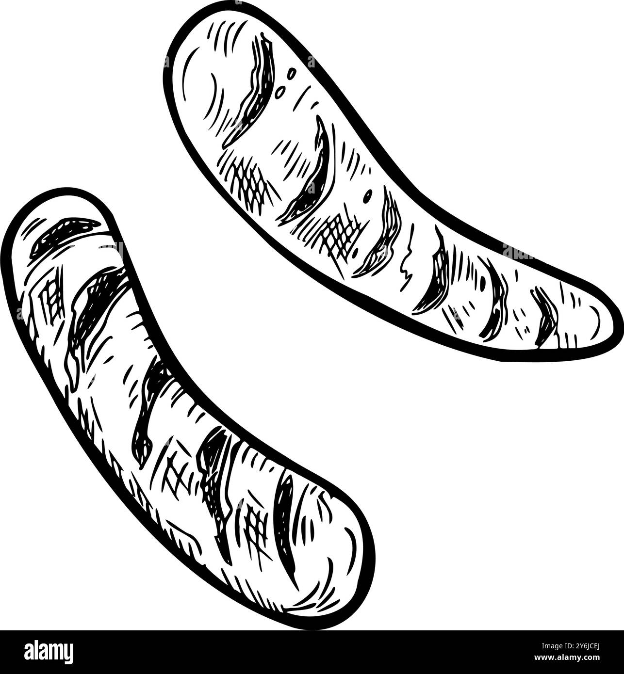 Salsicce grigliate, bratwurst immagine vettoriale in bianco e nero isolata. Fritto barbecue salsiccia monocromatica disegnata a mano da line art per Illustrazione Vettoriale
