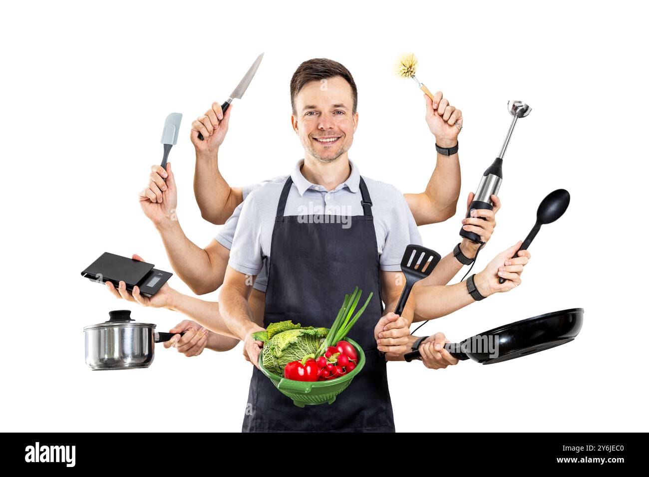 Uomo con più braccia che tiene le attrezzature da cucina isolate dallo sfondo Foto Stock