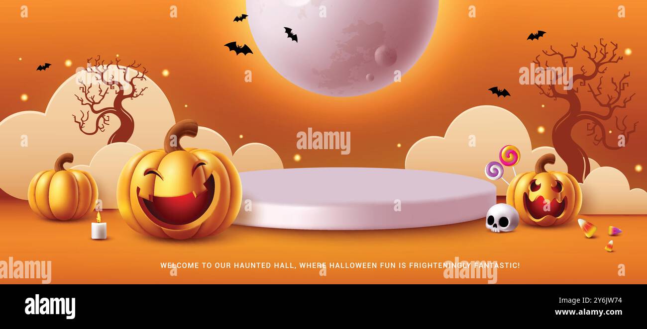 Design del modello vettoriale del podio di Halloween. Palcoscenico di Halloween per la presentazione di prodotti con elementi di zucche e carta tagliata Illustrazione Vettoriale