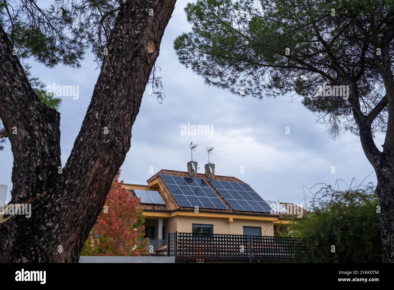 Vista laterale di una grande casa di lusso con pannelli solari fotovoltaici sul tetto. Giornata grigia e nuvolosa. Piante e alberi in primo piano. Concetto di Effi Foto Stock