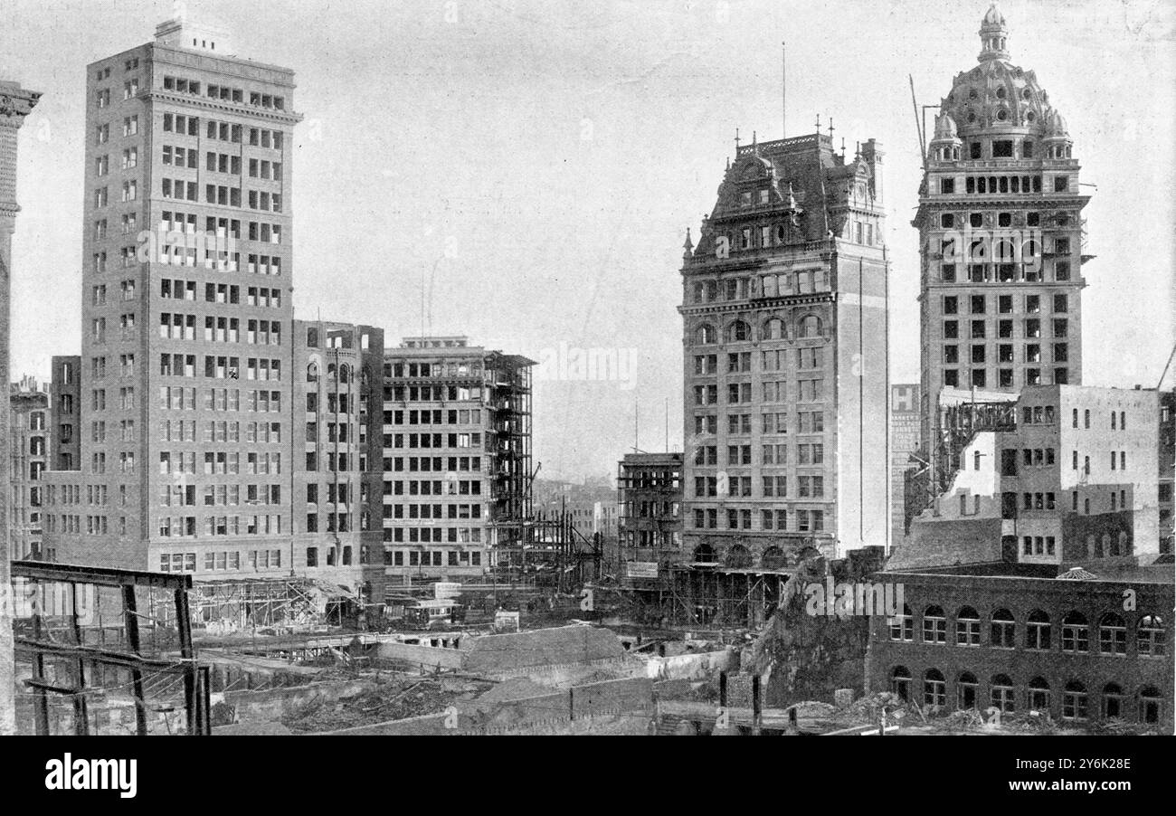 San Francisco ha imparato la lezione? Sky Scrapers ancora. I grattacieli restaurati nel quartiere finanziario all'incrocio tra Market Street, Kearney Street e Geary Street. Il nuovo e vecchio edificio storico. L'edificio mondnock. L'edificio della banca comune . L'edificio delle chiamate. 16 febbraio 1907 Foto Stock