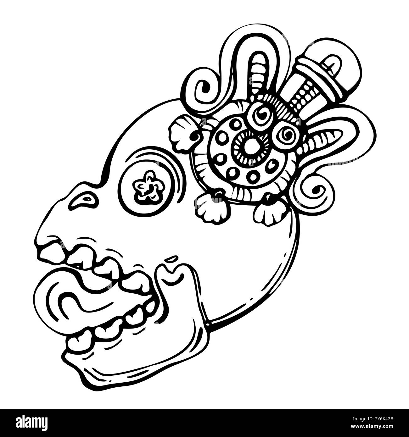 Simbolo della Mesoamerica, testa ornata con cranio umano, scultura intagliata inca azteca, antico pittogramma religioso. Illustrazione del vettore di inchiostro disegnato a mano. Singolo Illustrazione Vettoriale