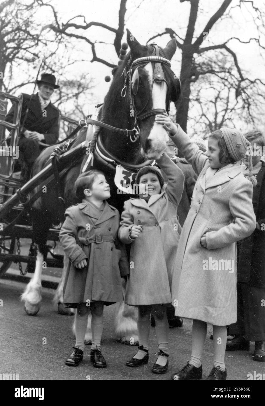 Londra Inghilterra - - Annual Bank Holiday Monday Van Horse Parade nel Regent's Park Londra . - Billy con James Thomas Chapman , 5 : Marie Louis Chapman , 6 e Maureen Winifred Chapman , da Shepherds Bush che fa amicizia . - Billy è stato salvato dalla ditta di panettieri dalla Horse and Ponies Protection Society - - 6 aprile 1958 Foto Stock