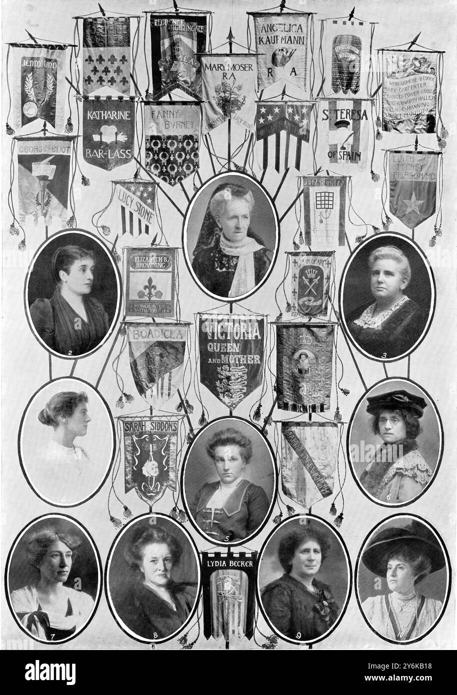 Le donne militanti: Leader della Processione suffragista e loro striscioni simboliche che commemorano le grandi donne di tutti gli anni. 1. La signora Despard, leader della Women's Freedom League 2. Lady Henry Somerset che ha tenuto il primo discorso all'Albert Hall. 3) la Rev. Dr. Anna Shaw American Divine, leader dei suffragisti americani. 4) la signora Israel Zangwill tra le scrittrici. Lady Frances Balfour Presidente della London Union of Women's Suffrage. 6) Miss Beatrice Harraden tra le donne scrittrici. La signorina Cicely Hamilton tra le donne Dramatiste. 8. Il dottor Garret Anderson il primo Foto Stock