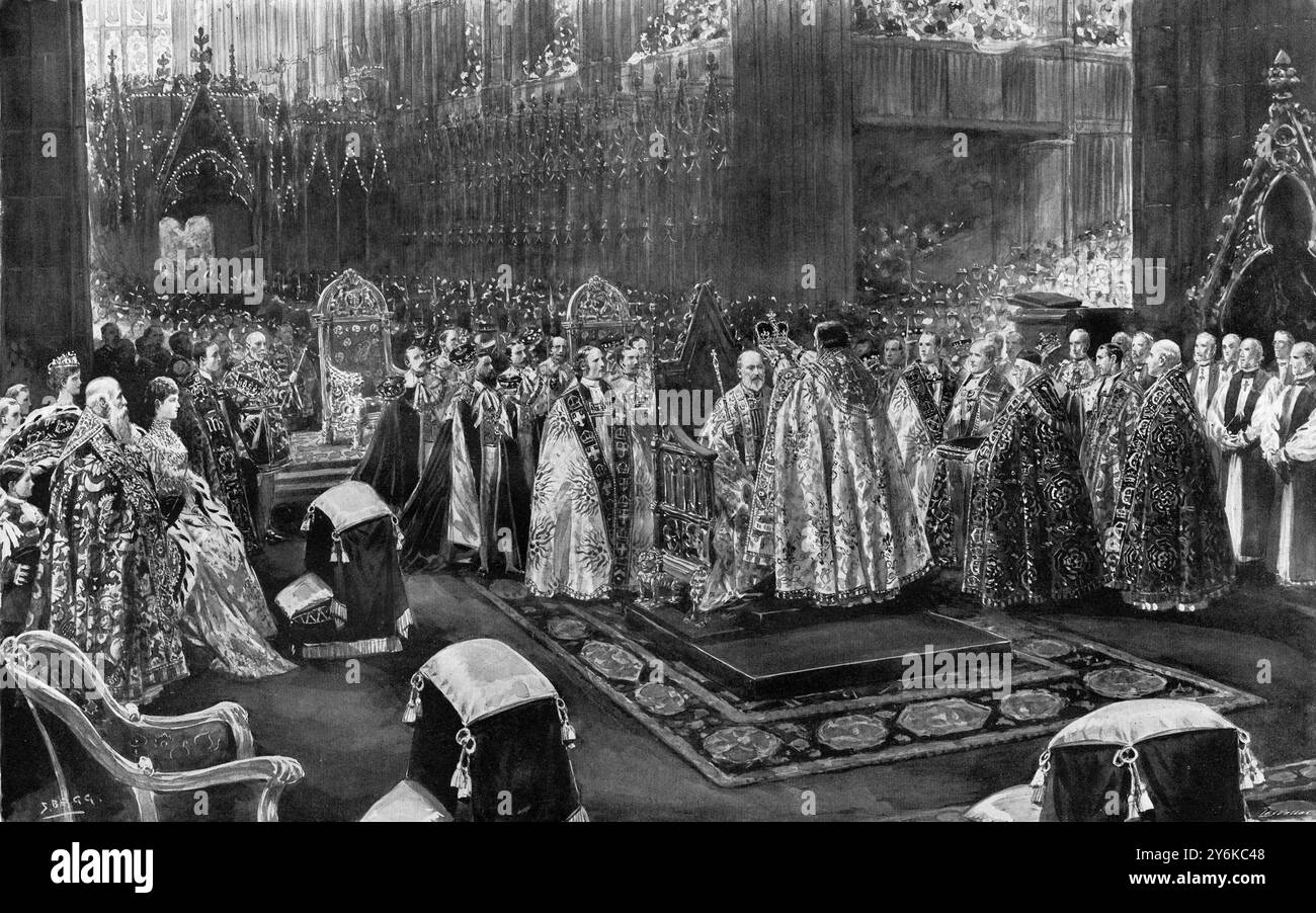 Il momento Supremo della cerimonia dell'incoronazione: L'Arcivescovo di Canterbury incoronazione di re Edoardo VII nell'Abbazia di Westminster, 9 agosto 1902. 16 agosto 1902 Foto Stock