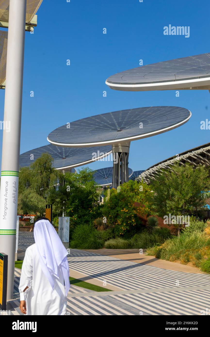 Emirati Arabi Uniti, Dubai, Expo 2020. Il padiglione Terra dedicato alla sostenibilità. Installazione di pannelli solari Foto Stock