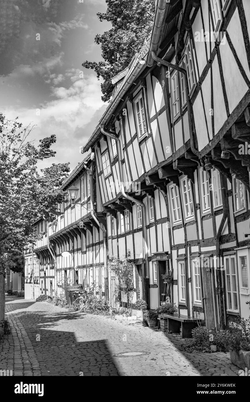 Vecchie e suggestive case in legno di poveri nella storica Adolfstrasse a Detmold, Germania Foto Stock