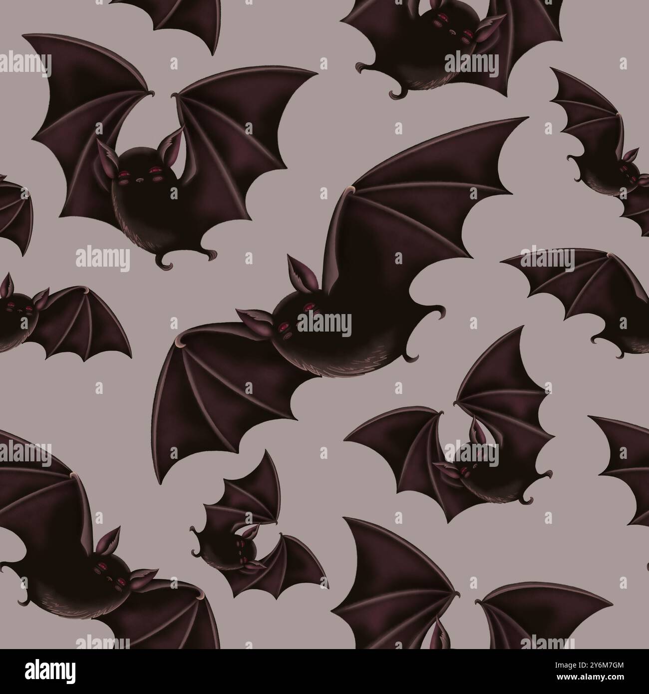 Motivo Halloween senza cuciture con pipistrello nero volante in stile cartoni animati. Design con sfondo scuro disegnato a mano. Superficie di texture mistica scura Foto Stock