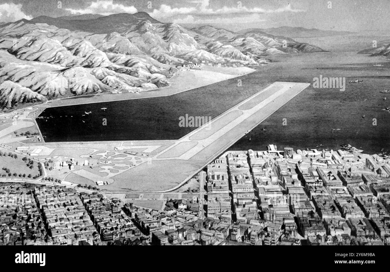 Hong Kong: L'impressione di questo artista mostra la pista all'aeroporto Kai Tak di Hong Kong che sarà inaugurata ad agosto. Nel fondo si trova una delle due piste presenti circondate da montagne su tre lati, che saranno chiuse in estate. La nuova pista gestirà gli aerei più grandi e a digiuno del mondo 24 ore al giorno; il servizio attuale è all'alba o al tramonto. La nuova pista sarà lunga 8.340 piedi e larga 200 piedi e costerà $ 18.000.000 - il più grande progetto di ingegneria civile nella storia della colonia; le vecchie piste sono lunghe rispettivamente 4.756 - piedi e 5.418 piedi il 12 marzo 1958 Foto Stock
