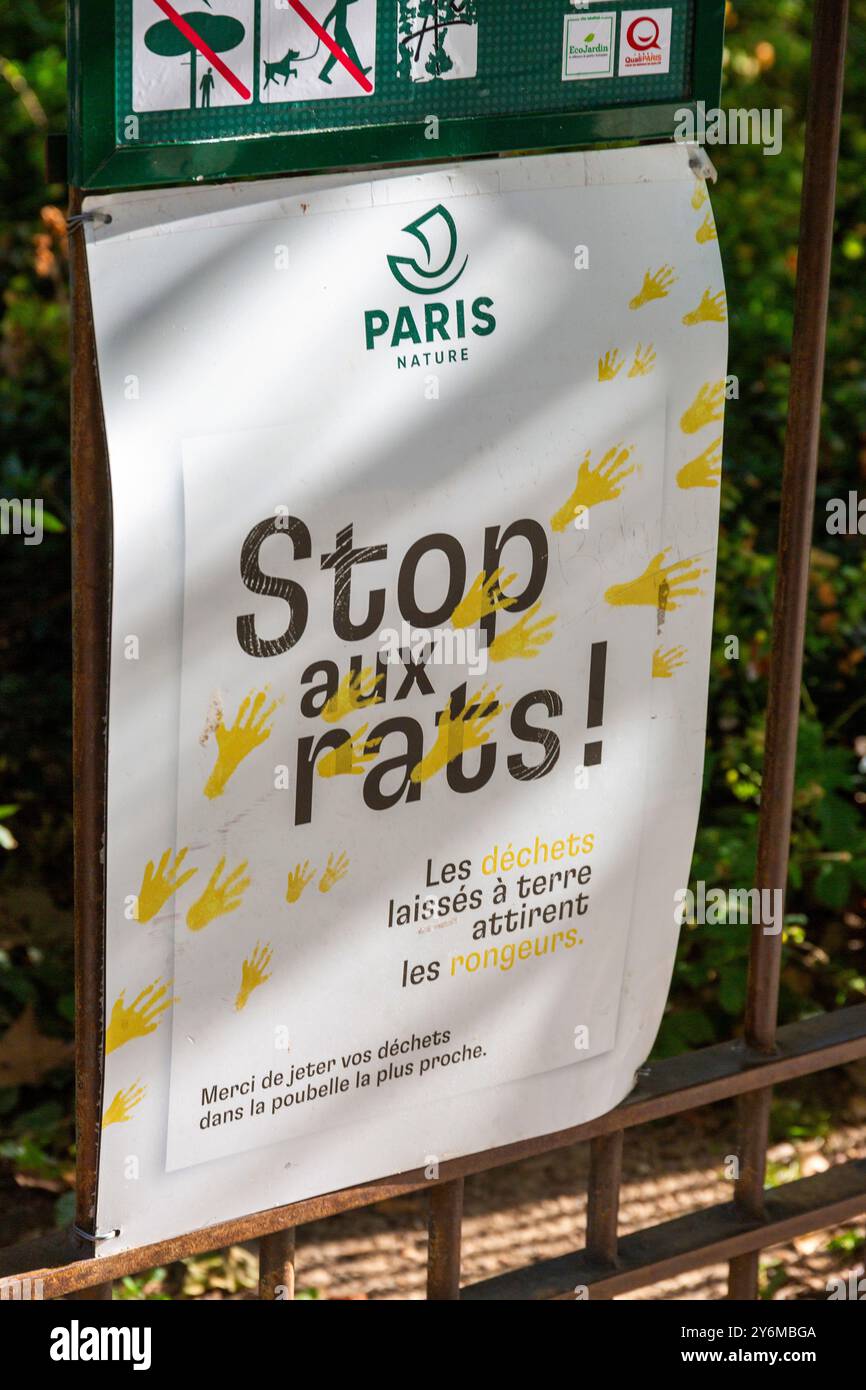 Francia, Parigi, manifesto della città di Parigi in prevenzione contro l'invasione dei topi. Non lasciare sporcizia a terra. Foto Stock