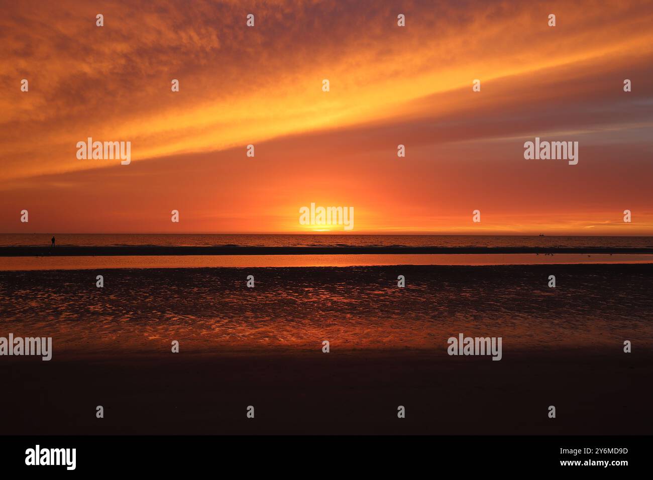 Splendido tramonto dorato ad alto contrasto sul mare con riflessi di luce su un torrente di marea e sulle distese fangose di fronte ad esso Foto Stock
