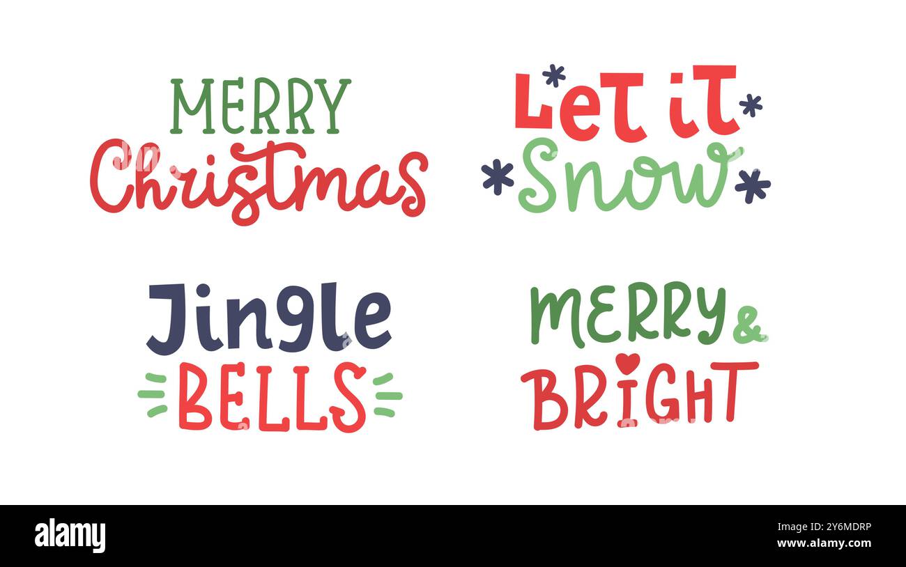 Set di auguri di Natale. Caratteri vettoriali per feste disegnati a mano. Adesivi o modelli di stampa Illustrazione Vettoriale