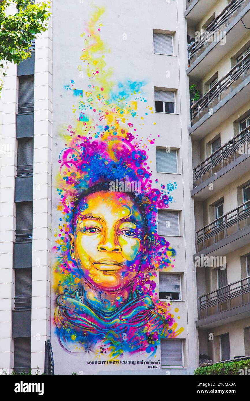 ile-de-France, Parigi, Street Art nel centro della città, ritratto di Laurent Barthelemy Ani Guibahi, dell'artista C 215 al 9 di Boulevard de la Chapel Foto Stock