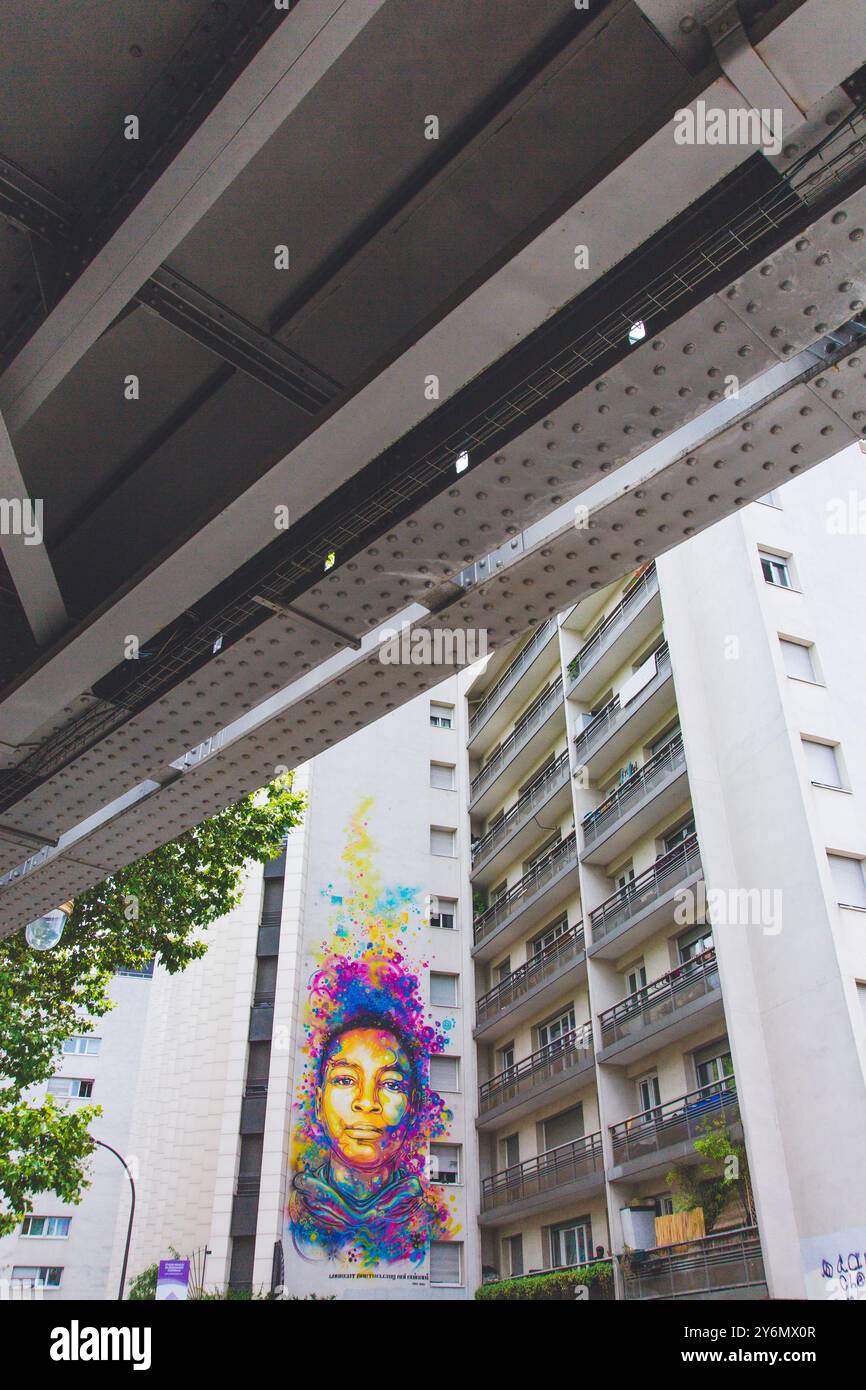 ile-de-France, Parigi, Street Art nel centro della città, ritratto di Laurent Barthelemy Ani Guibahi, dell'artista C 215 al 9 di Boulevard de la Chapel Foto Stock