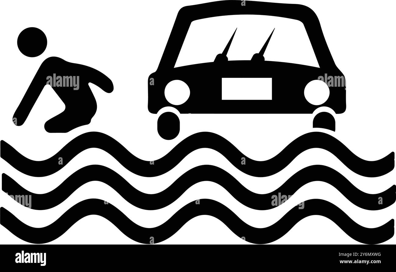 auto, alluvione, disastro, icona, cloud, icona pioggia, inondazione auto disastro Illustrazione Vettoriale