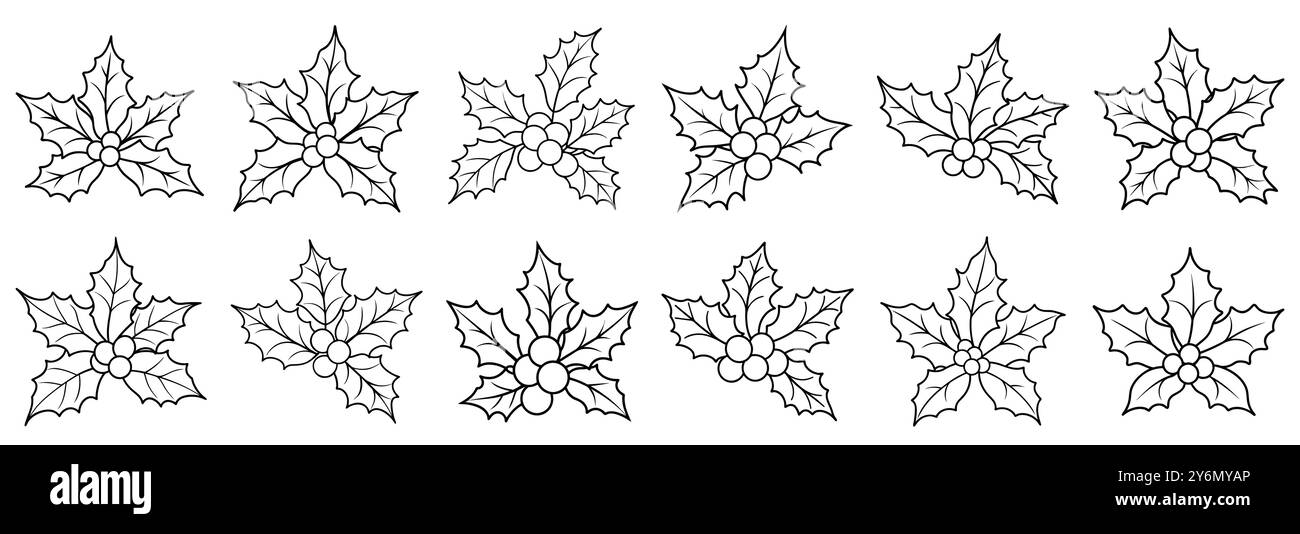Set di icone di contorno per il buoncostume natalizio. Foglie di agrifoglio e frutti di bosco disegnati a mano. Foglie di bacche di holly di Natale. Icona Mistletoe. Icona Christmas Holly Berry. Illustrazione Vettoriale